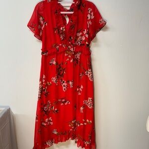 Floral Red Dress with Ruffle Details